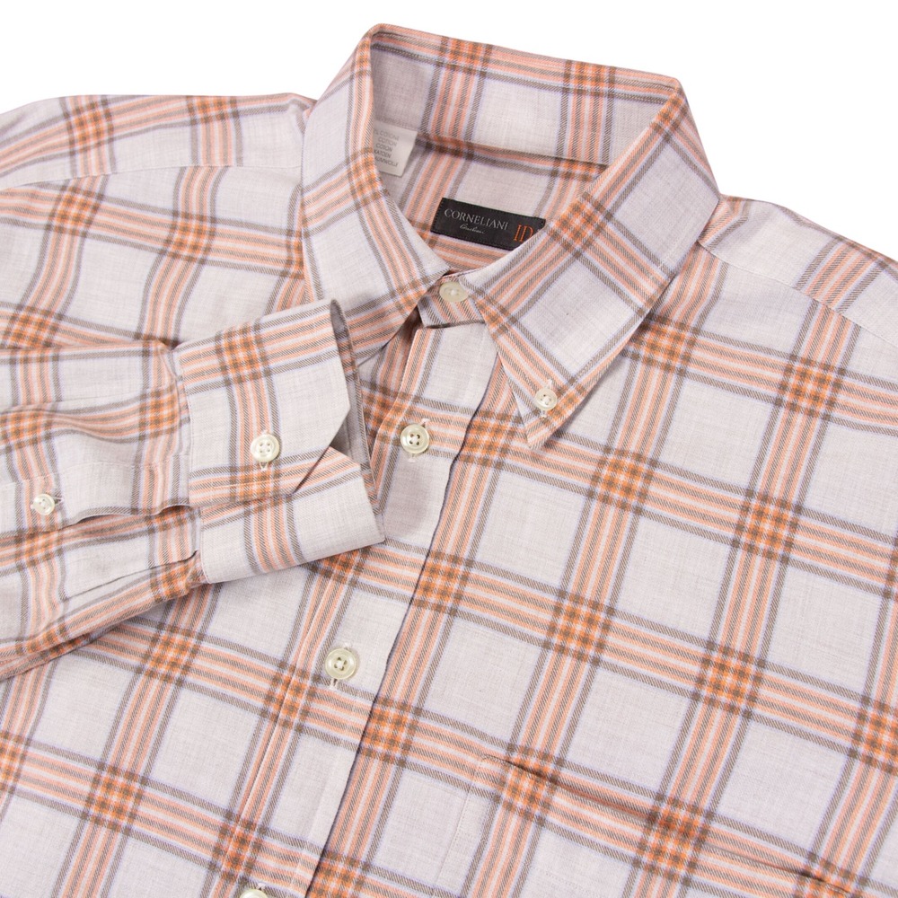 Corneliani ID‎ Mens Size M 40 Plaid Button Down Shirt Orange Brown Beige Cotton